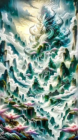 Cinematic ink wash painting depicting a paradise in a Xianxia world. The scene features a mist-covered mountaintop blooming with a myriad of flowers, steep cliffs, and cascading waterfalls. (Focus on one of the hills to bring it closer.)(A gigantic mythical beast can be seen swirling in the air among the mountains and clouds.) The artwork conveys an ethereal, otherworldly beauty, capturing the essence of a hidden, magical realm. Movie Poster, ultra-detailed, ultra high-res, (masterpiece, top quality, best quality, (high quality:1.3)