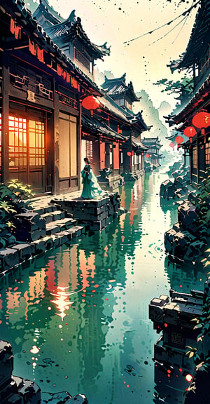 (Chinese architectural scenes, ancient style, streets, immortal worldviews.) 
A stunning portrait of 'Westen Beautiful Lady' serenely plays a Chinese instrument amidst a serene backdrop of gently flowing stream water. Most of the buildings and objects in the scene are made of jade, and the texture of the jade is photographed vividly. A soft, bright light illuminates the scene, and a shallow depth-of-field effect blurs the surroundings. The composition in the center draws attention to the delicate features of the beauty. Reminiscent of the Japanese illustration style. 1girl. solo girl.