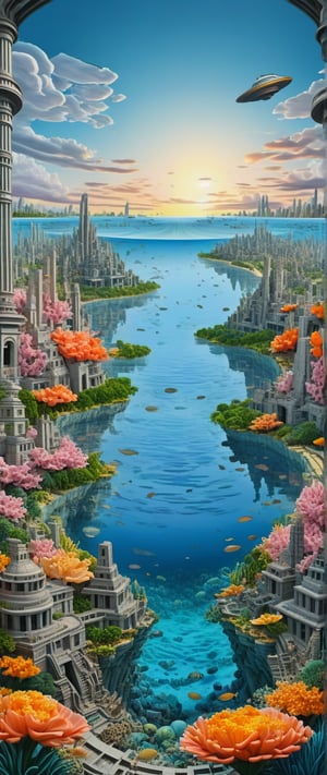 The edges of the image are in close-up, while the center features a distant view. The unique ancient architecture blends with nature ((interesting optical illusions.)) Great Barrier Reef. floating city. In the background, a colossal half-body robot appears, as if it's guarding the land

(3D model),(in the style of Cassandre),(in the style of Tamara de Lempicka), (in the style of Mœbius), minimal vector. (Geometric Patterns). art_booster, Simplicity, more consistent graphics, minimalism, temperament, surrealism.
Rounded lines, perfect proportions, curved lines,  Reduced Sharpness.

Light blue, white, gray and pink, yellow, orange.