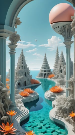 The edges of the image are in close-up, while the center features a distant view. 3D model of the unique ancient architecture blends with nature ((interesting optical illusions.)) Barrier Reef. floating architecture. In the background, a colossal half-body robot appears, as if it's guarding the land

(3D model),(in the style of Cassandre),(in the style of Tamara de Lempicka), (in the style of Mœbius), minimal vector. (Geometric Patterns). Simplicity,  minimalism, temperament, surrealism.
Rounded lines, perfect proportions, curved lines,  Reduced Sharpness.

Light blue, white, gray and pink, yellow, orange.