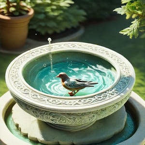 The image depicts a bird bath, which is a structure designed to provide water for birds to drink or bathe in. The bird bath is ornately decorated with patterns that resemble embossing or engraving, giving it an antique appearance. It is colored in a stone-white, suggesting it may be made of stone. The bowl of the bath contains water, and it's filled with rounded pebbles at its base, which could serve as a stable surface for birds. A bird is perched on the edge of the bath, indicating the function of the object. 
European Fountain, Artwork, Renaissance, Sculpture. cute birds. (Fountain)
(isometric, miniature, tilt shift, Th3Dru1d5.) birds are bathing.
