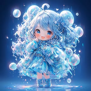 Cute petite girl wearing a chocolate-themed outfit with a blue-colored plaid shirt. Cute giggle. Cute smile with hands slightly blocking her mouth, shy and happy. Lots of love icons popping up around her. heart-shape bubbles.

(solo girl)(whole body,  full_body)
Looking at the viewer, frontal portrait, lively movements. Chibi character. Cute cartoon character with a large head and small body.
(official art, Intricate details. Use more blue tones, anime style, cute and romance, Chaos. Additional details. Looking at the camera, chibi.)

background: A wide-angle shot of the disco ballroom's gleaming floor and ceiling.