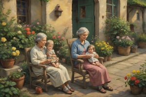 A serene scene unfolds in the quaint village courtyard: a kindly grandmother gently rocks in her chair, knitting a warm sweater as her granddaughter, a studious little girl, intently draws beside her. The child's pursed lips and focused gaze convey her dedication to art. Soft golden light casts a dreamy atmosphere, enveloping the pair amidst lush greenery and blooming flowers.