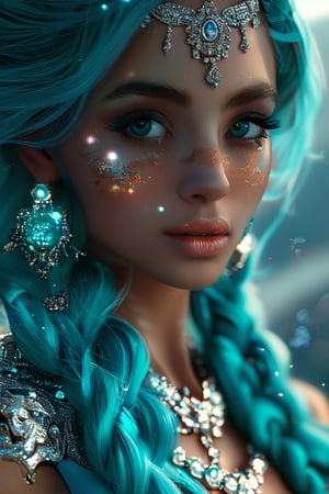 Best quality, 4K, 8K, high-resolution, masterpiece, ultra-detailed, photorealistic, a close up of a woman's face with turquoise and teal hair, glowing eyes, and lots of glitter, 1girl, long hair, yellow eyes, jewelry, turquoise hair, blurry, eyelashes, lips, colored skin, depth of field, braided hair, mountain background, portrait, gem, aqua skin