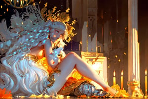 a praying fairy, face with tears ((Side view)), ((full body)), attractive and pure eyes, golden eyes, (delicate features), slightly dirty hair, flowing long hair, glistening tears, dramatic lighting, platinum and light purple hair reflecting light, Mucha style, mural, traces of war, early morning—an abandoned medieval European-style royal palace hall in ruins. The scene depicts crumbling pillars, tattered tapestries, broken chandeliers, and overgrown vegetation reclaiming the space. Sunlight filters through shattered stained glass windows, casting eerie yet beautiful patterns on the dilapidated walls and floor, evoking a sense of ancient grandeur lost to time. elaborate scene style, glitter, realistic style, 8k, exposure blend, medium shot, bokeh, (hdr:1.4), high contrast, (cinematic, dark orange and white film), (muted colors, dim colors, soothing tones:1.3), low saturation, (hyperdetailed:1.2), (noir:0.4), whole body, perfect light, Detail,fashion_girl,(masterpiece