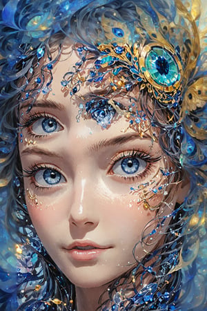 (Beautiful girl.) big Eyes, Fractal iris, fantasy beauty, bio chemiluminescence iris, art nouveau, bright colors, kaleidoscope, and prism effects, abstract art, calligraphy patterns, artistic lettering, beautiful scripts, penmanship, visual poetry, cultural, Realistic Blue Eyes, DonMM3l4nch0l1cP5ych0XL, Close-up of her eyes.