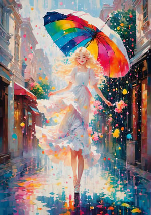 (solo girl.)(Skirt Sprinkled with Oil Paint)(the white street and girl contrasted with the vibrant oil paint raindrops.) Colorful oil paint raindrops falling from the sky. a snow-white street scene with a minimalist background. Pure white streets, pure white streetscapes. (A girl in a pure white dress dances in the rain, with splashes of colorful oil paint landing on her. )Her dance is elegant and dramatic, with a captivating, cute face, eyes closed, and smiling as she twirls. She has porcelain skin and light-colored hair, her nearly all-white appearance beautifully contrasted by the vibrant oil paint raindrops. beautiful girl in a fusion of Lolita and Victorian styles, with all-white clothing and all-white accessories. White skin, like a white porcelain doll. Exaggerated and dramatic dance movements.