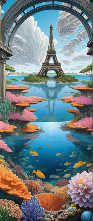 The edges of the image are in close-up, while the center features a distant view. The unique ancient architecture blends with nature ((interesting optical illusions.)) Great Barrier Reef. floating city. In the background, a colossal half-body robot appears, as if it's guarding the land

(3D model),(in the style of Cassandre),(in the style of Tamara de Lempicka), (in the style of Mœbius), minimal vector. (Geometric Patterns). art_booster, Simplicity, more consistent graphics, minimalism, temperament, surrealism.
Rounded lines, perfect proportions, curved lines,  Reduced Sharpness.

Light blue, white, gray and pink, yellow, orange.