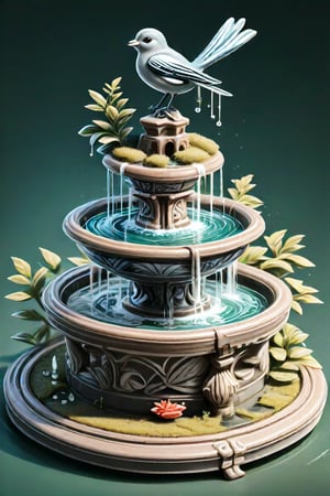 European Fountain, Artwork, Renaissance, Sculpture.  (Fountain design. tiered fountain.) (isometric, miniature, tilt shift, Th3Dru1d5.) Cute and vivid birds are bathing.

Fountain design incorporating birdbath.
The bird bath is ornately decorated with patterns that resemble embossing or engraving, giving it an antique appearance. It is colored in a stone-white, suggesting it may be made of stone. The bowl of the bath contains water, and it's filled with rounded pebbles at its base, which could serve as a stable surface for birds. A bird is perched on the edge of the bath, indicating the function of the object. 