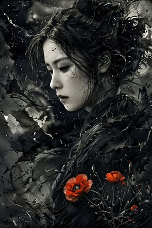 inquirer, coquelicot, beautiful woman, sorrowful expression, faded elegance, poignant atmosphere, lost beauty, melancholic aura, hauntingly captivating, timeless grief, stark contrast, delicate decay, line art, backlighting, wind, backlighting, stardust,(wind:1.2)