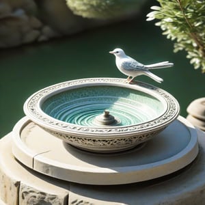  The bird bath is ornately decorated with patterns that resemble embossing or engraving, giving it an antique appearance. It is colored in a stone-white, suggesting it may be made of stone. The bowl of the bath contains water, and it's filled with rounded pebbles at its base, which could serve as a stable surface for birds. A bird is perched on the edge of the bath, indicating the function of the object. 
European Fountain, Artwork, Renaissance, Sculpture. cute birds.
(Fountain design. Three-tiered fountain.)
(isometric, miniature, tilt shift, Th3Dru1d5.) birds are bathing.
