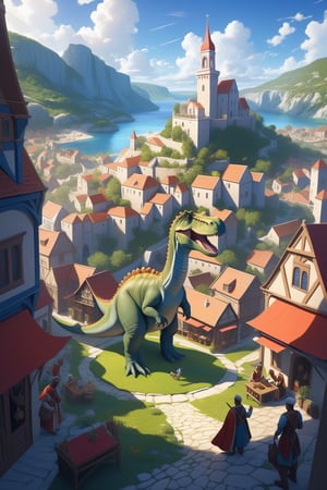 An illustration of a micro-world in a Delicate and realistic style. DA fantasy world depicting a bustling medieval Greek city where dinosaurs are pets that blend into the streetscape and live with the people.

The scene is a miniature artwork, resembling Pocket art that began as a game played by the German court nobility in the 16th century, and later spread from Holland to England, where it flourished and then spread to the United States and Canada.

Lively and bright atmosphere, detailed interactive scenes
(micro-world)(Dinosaur as pet)(Empire)(Pocket art)