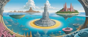 The edges of the image are in close-up, while the center features a distant view. The unique ancient architecture blends with nature ((interesting optical illusions.)) Great Barrier Reef. floating city. In the background, a colossal half-body robot appears, as if it's guarding the land

(3D model),(in the style of Cassandre),(in the style of Tamara de Lempicka), (in the style of Mœbius), minimal vector. (Geometric Patterns). art_booster, Simplicity, more consistent graphics, minimalism, temperament, surrealism.
Rounded lines, perfect proportions, curved lines,  Reduced Sharpness.

Light blue, white, gray and pink, yellow, orange.