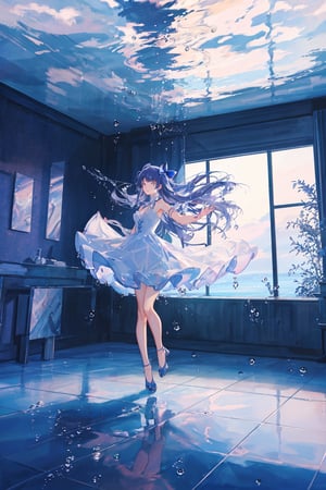 In a huge glass house. 
A girl with long blue curly hair stood before the enormous glass window. Touching the glass, the detailed hand.
Her adorable face pressed against the cool surface, gazing joyfully outside. Her eyes sparkled with delight as she focused intently on the water drops that fell on the window and flowed down in tiny streams. 

Behind the girl, the reflection on the floor transition into a full-fledged underwater scene
A giant shadow shimmering with the changing light, belong to the whale swim outside the window , loomed over her whole body.

ocean world outside the glass house.
the raindrops dance and swirl into fantastical shapes. 

(Fantasy painting, delicate anime, overhead scene, girl protagonist, solo girl.)(Delicate, glistening droplets of water.)