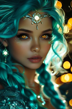 Best quality, 4K, 8K, high-resolution, masterpiece, ultra-detailed, photorealistic, a close up of a woman's face with turquoise and teal hair, glowing eyes, and lots of glitter, 1girl, long hair, yellow eyes, jewelry, turquoise hair, blurry, eyelashes, lips, colored skin, depth of field, braided hair, mountain background, portrait, gem, aqua skin