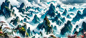 (ultra detailed, ultra highres), (masterpiece, top quality, best quality, official art :1.4), (high quality:1.3), cinematic ink wash painting depicting a paradise in a Xianxia world. The scene features a mist-covered mountaintop blooming with a myriad of flowers, steep cliffs, and cascading waterfalls. A gigantic mythical beast can be seen swirling in the air among the mountains and clouds. The artwork conveys an ethereal, otherworldly beauty, capturing the essence of a hidden, magical realm.,more detail XL,nodf_xl,island