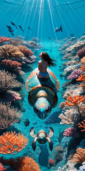 (enormous sea turtle)(beautiful young girl)(Turtle shell with fine details)(Aerial view of the sea)
breathtaking view of a picturesque scene. A beautiful young girl sleeps on the back of an enormous sea turtle, with her eyes closed. The turtle carries her and swims forward. The pristine waters offer a glimpse of the vibrant underwater world brimming with tropical fish and coral reefs, creating a romantic and vivid ambiance that enchants the senses.

inspiring beauty. The azure waters glisten with crystal clarity, allowing a mesmerizing view of the ocean floor below. Sunlight penetrates the depths, illuminating the diverse marine life and casting a magical glow on the surroundings.1 girl