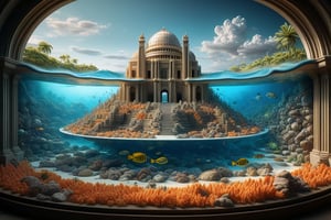 ((ultra realistic photo)), 
The edges of the image are in close-up, while the center features a distant view. The unique ancient architecture blends with nature ((interesting optical illusions.)) Great Barrier Reef. floating city. In the background, a colossal half-body robot appears, as if it's guarding the land

(3D model),(in the style of Cassandre),(in the style of Tamara de Lempicka), (in the style of Mœbius), (Geometric Patterns). art_booster, (Simplicity, more consistent graphics, minimalism, temperament, surrealism.)
Rounded lines, perfect proportions, curved lines,  Reduced Sharpness.Light blue, white, gray and pink, yellow, orange.