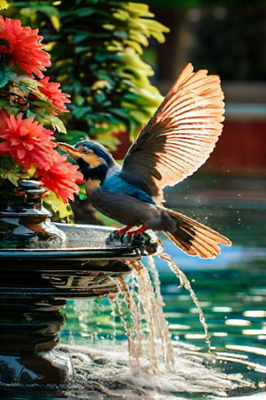 masterpiece, top quality, best quality, official art, beautiful and aesthetic, extremely detailed.

Animal painting, slow motion, capturing a bird bathing in a fountain. The focus is on the intricate details of the bird's feathers, with a close-up, highly realistic approach. The scene highlights water droplets flying through the air and those being flicked off by the bird. This is an award-winning, highly detailed, and realistic artwork.
(Fountain) decorated with patterns that resemble embossing or engraving, giving it an antique appearance. It is colored in a stone-white, suggesting it may be made of stone.

Flower petals, warm light, lush greenery, distant blur. petite and Beautiful Hummingbird.
(close-up)(focus on bird's movement.)(Birdie with a splash.)