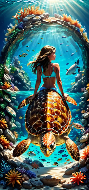 (enormous sea turtle)(beautiful young girl)(Turtle shell with fine details)
Behold a breathtaking aerial view of a picturesque scene. A beautiful young girl leisurely rests with closed eyes on the back of an enormous sea turtle. The girl is on the turtle, and they swim together. The pristine waters offer a glimpse of the vibrant underwater world brimming with tropical fish and coral reefs, creating a romantic and vivid ambiance that enchants the senses.

From the vantage point above, the scene unfolds with a sense of awe-inspiring beauty. The azure waters glisten with crystal clarity, allowing a mesmerizing view of the ocean floor below. Sunlight penetrates the depths, illuminating the diverse marine life and casting a magical glow on the surroundings.