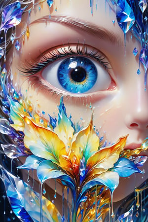 (Beautiful face.)(Close-up of her eyes.)(solo Big Eye)
young girl. Fractal iris, fantasy beauty, bio chemiluminescence iris, art nouveau, bright colors, kaleidoscope, and prism effects, abstract art, calligraphy patterns, artistic lettering, beautiful scripts, penmanship, visual poetry, cultural, Realistic Blue Eye, DonMM3l4nch0l1cP5ych0XL.

(crystal flower. Melting pigments, falling colors, vivid, colorful, fantasy, oil on canvas, Dripping paint.)