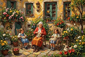 A serene scene unfolds in the quaint village courtyard: a kindly grandmother gently rocks in her chair, knitting a warm sweater as her granddaughter, a studious little girl, intently draws beside her. The child's pursed lips and focused gaze convey her dedication to art. Soft golden light casts a dreamy atmosphere, enveloping the pair amidst lush greenery and blooming flowers.