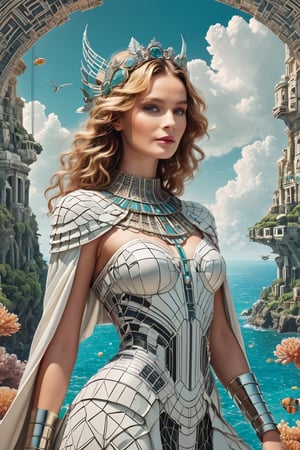 The edges of the image are in close-up, while the center features a distant view. The unique ancient architecture blends with nature ((interesting optical illusions.)) Great Barrier Reef. floating city. In the background, a colossal half-body robot appears, as if it's guarding the land.

(3D model),(in the style of Cassandre),(in the style of Tamara de Lempicka), (in the style of Mœbius), minimal vector, chic. (Geometric Patterns),pencil sketch, art_booster, Simplicity, more consistent graphics, minimalism, temperament, surrealism. Light tones, low color, temperament, dreaminess