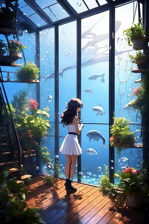 In a huge glass house. 
A girl with long blue curly hair stood before the enormous glass window. Touching the glass, the detailed hand.
Her adorable face pressed against the cool surface, gazing joyfully outside. Her eyes sparkled with delight as she focused intently on the water drops that fell on the window and flowed down in tiny streams. 

Behind the girl, the reflection on the floor transition into a full-fledged underwater scene
A giant shadow shimmering with the changing light, belong to the whale swim outside the window , loomed over her whole body.

ocean world outside the glass house.
the raindrops dance and swirl into fantastical shapes. 

(Fantasy painting, delicate anime, overhead scene, girl protagonist, solo girl.)(Delicate, glistening droplets of water.)