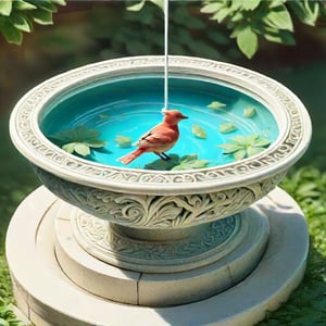 The image depicts a bird bath, which is a structure designed to provide water for birds to drink or bathe in. The bird bath is ornately decorated with patterns that resemble embossing or engraving, giving it an antique appearance. It is colored in a stone-white, suggesting it may be made of stone. The bowl of the bath contains water, and it's filled with rounded pebbles at its base, which could serve as a stable surface for birds. A bird is perched on the edge of the bath, indicating the function of the object. 
European Fountain, Artwork, Renaissance, Sculpture. cute birds.
(isometric, miniature, tilt shift, Th3Dru1d5.) birds are bathing.
