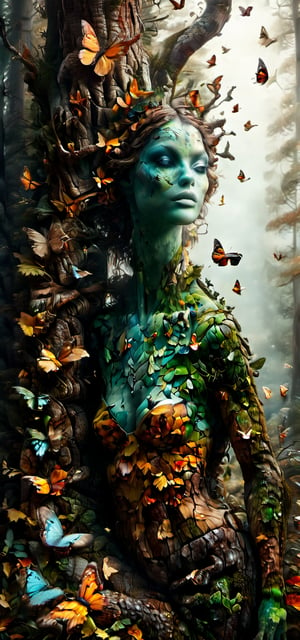 Photorealistic forest landscape with towering, densely packed tree trunks in an autumnal setting. The tree trunks have cracked bark, and there is a graceful woman with butterflies all over her body. Skin texturizing, bark skin, beautiful face. She is camouflaged in colors and textures similar to the forest, like a chameleon. She is visible but also blends in with the chaos. high resolution and contrast and color contrast,  intricately textured and extremely subtle detailed, detailmaster2,  side-light,  ultra quality,  fine artwork,more detail XL