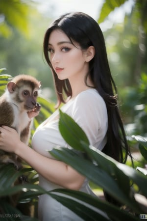 1girl, beautiful detailed eyes, beautiful detailed lips, extremely detailed eyes and face, long eyelashes, girl in jungle, girl with animals, realistic, photorealistic, (best quality, 4k, 8k, highres, masterpiece:1.2), ultra-detailed, (realistic, photorealistic, photo-realistic:1.37), HDR, UHD, studio lighting, ultra-fine painting, sharp focus, physically-based rendering, extreme detail description, professional, vivid colors, bokeh, natural lighting, sunlight, tropical jungle, lush greenery, exotic plants, colorful birds, curious monkeys, detailed foliage, detailed textures