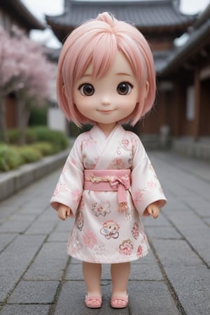 masterpiece,best quality,high resolution,PVC,rendering,chibi,high resolution,a girl,anya forger,pink hair,long bob hairstyle,kimono outfit,grey eyes,smile,selfish goals,chibi,tokyo landscape,smile,smiley,self-righteous,full body,chibi,3d character,toy,doll,character print,front view,natural light,((real)) 1.2)),dynamic pose,medium movement,perfect movie-like perfect lighting,perfect composition,outfit,anya_forger_spyxfamily,JediOutfit,BnnBnn,