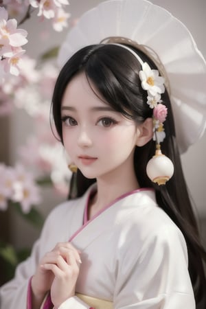 cute little girl in kimono, detailed facial features, beautiful detailed eyes, beautiful detailed lips, extremely detailed face, longeyelashes, soft pastel colors, cinematic lighting, delicate ornaments, intricate kimono patterns, vibrant floral background, highly detailed, 8k, masterpiece, digital art