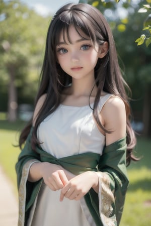 a cute young girl, beautiful detailed eyes, beautiful detailed lips, extremely detailed eyes and face, long eyelashes, delicate facial features, angelic expression, soft skin, adorable smile, petite build, innocent look, long hair, natural setting, outdoor scene, green foliage, sunlight, warm color tones, high quality, detailed, photorealistic, masterpiece, 8k, hyper detailed