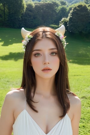 a beautiful young woman, 1girl, cow hybrid, cow ears, cow horns, cow-like features, detailed face, beautiful eyes, long eyelashes, porcelain skin, flower crown, long flowing hair, elegant dress, idyllic countryside scene, lush green meadow, soft natural lighting, (best quality,4k,8k,highres,masterpiece:1.2),ultra-detailed,(realistic,photorealistic,photo-realistic:1.37),vibrant colors,cinematic composition