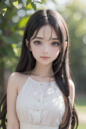 a cute young girl, beautiful detailed eyes, beautiful detailed lips, extremely detailed eyes and face, long eyelashes, delicate facial features, angelic expression, soft skin, adorable smile, petite build, innocent look, long hair, natural setting, outdoor scene, green foliage, sunlight, warm color tones, high quality, detailed, photorealistic, masterpiece, 8k, hyper detailed