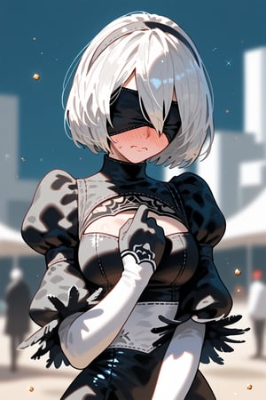 yorha no. 2 type,score_9, score_7_up, score_6_up, Skin looks realistically and shiny, for overall aesthetic appeal, glitter_force,depth of field, shiny skin, color grading, toon shading,swallow,embarrassed