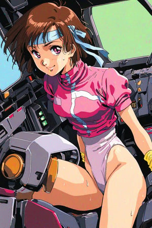 high resolution,highly detailed illustrations,best quality,detailed beautiful eyes,high resolution,highly detailed illustrations,best quality,detailed beautiful eyes,Noriko Takaya,1girl,headband,solo,short hair,smiling,retro artstyle,sweat,cockpit,brown hair,light blue headband,long headband,yellow wristband,(high leg leotard),((pink leotard)),(T-shirt,short sleeves,or a shirt over leotard,puffysleeves,turtleneck:1.3),robot,mecha,sitting in the cockpit,watercolor_(medium)