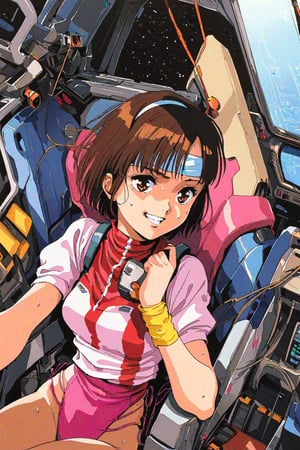 high resolution,highly detailed illustrations,best quality,detailed beautiful eyes,high resolution,highly detailed illustrations,best quality,detailed beautiful eyes,Noriko Takaya,1girl,headband,solo,short hair,smiling,retro artstyle,sweat,cockpit,brown hair,light blue headband,long headband,yellow wristband,(pink high leg leotard),(white turtleneck T-shirt,short sleeves,puffysleeves),robot,mecha,sitting in the cockpit,lots of wiring,(cord connected to body:1.1),(wires are connected to the body:1.1,from above,watercolor_(medium)