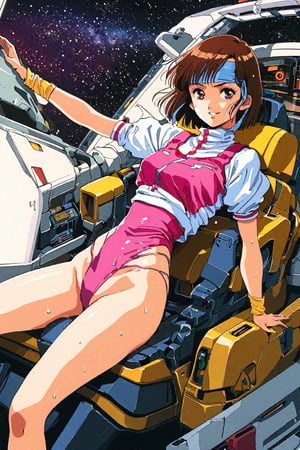 high resolution,highly detailed illustrations,best quality,detailed beautiful eyes,high resolution,highly detailed illustrations,best quality,detailed beautiful eyes,Noriko Takaya,1girl,headband,solo,short hair,smiling,retro artstyle,sweat,cockpit,brown hair,light blue headband,long headband,yellow wristband,(pink high leg leotard),(white turtleneck T-shirt,short sleeves,puffysleeves),robot,mecha,sitting in the cockpit,lots of wiring,(cord connected to body:1.1),(wires are connected to the body:1.1,space, milky way,earth, planet,watercolor_(medium)