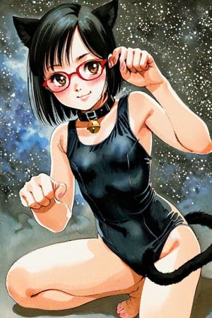 Noriko Takaya, Top quality, highly detailed illustrations, masterpiece, (cowboy shot:1.2), 1 girl, solo, retro art style, brown eyes, (black hair:1.5), (glasses:1.5), (deep side part), (short hair), looking at viewer, smiling, kneeling, (paw pose),(black school swimsuit), (flat chest, blush:1.3), (cat ears, cat tail, black collar, neck bell, black pawpads), black kneehighs, traditional media, watercolor (medium), Dramatic shadows, dynamic angles, background, night sky, milky way