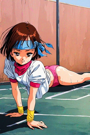 high resolution,highly detailed illustrations,best quality,detailed beautiful eyes,high resolution,highly detailed illustrations,best quality,detailed beautiful eyes,Noriko Takaya,1girl,headband,solo,short hair,retro artstyle,sweat,brown hair,light blue headband,long headband,yellow wristband,(pink high leg leotard),(white turtleneck T-shirt,short sleeves,puffysleeves),on stomach,Doing push-ups,school playground,watercolor_(medium),looking down