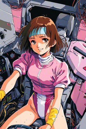 high resolution,highly detailed illustrations,best quality,detailed beautiful eyes,high resolution,highly detailed illustrations,best quality,detailed beautiful eyes,Noriko Takaya,1girl,headband,solo,short hair,smiling,retro artstyle,sweat,cockpit,brown hair,light blue headband,long headband,yellow wristband,(pink high leg leotard),(white turtleneck T-shirt,short sleeves,puffysleeves),robot,mecha,sitting in the cockpit,lots of wiring,(cord connected to body:1.1),(wires are connected to the body:1.1,from above,watercolor_(medium)