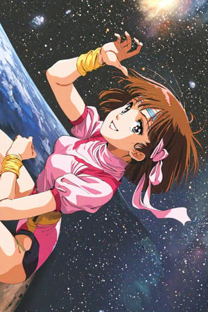 high resolution,highly detailed illustrations,best quality,detailed beautiful eyes,high resolution,highly detailed illustrations,best quality,detailed beautiful eyes,Noriko Takaya,1girl,headband,solo,short hair,smiling,retro artstyle,brown hair,light blue headband,long headband,yellow wristband,(pink high leg leotard),(white turtleneck T-shirt,short sleeves,puffysleeves),space, milky way,earth, planet,Dramatic shadows, dynamic poses,from above,watercolor_(medium)