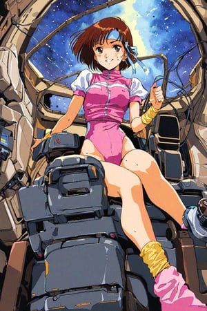 high resolution,highly detailed illustrations,best quality,detailed beautiful eyes,high resolution,highly detailed illustrations,best quality,detailed beautiful eyes,Noriko Takaya,1girl,headband,solo,short hair,smiling,retro artstyle,sweat,cockpit,brown hair,light blue headband,long headband,yellow wristband,(pink high leg leotard),(white turtleneck T-shirt,short sleeves,puffysleeves),robot,mecha,sitting in the cockpit,lots of wiring,(cord connected to body:1.1),(wires are connected to the body:1.1, BREAK space, milky way,earth, planet,watercolor_(medium),from below,foreshortening