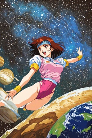 high resolution,highly detailed illustrations,best quality,detailed beautiful eyes,high resolution,highly detailed illustrations,best quality,detailed beautiful eyes,Noriko Takaya,1girl,headband,solo,short hair,smiling,retro artstyle,brown hair,light blue headband,long headband,yellow wristband,(pink high leg leotard),(white turtleneck T-shirt,short sleeves,puffysleeves),space, milky way,earth, planet,Dramatic shadows, dynamic poses,watercolor_(medium)