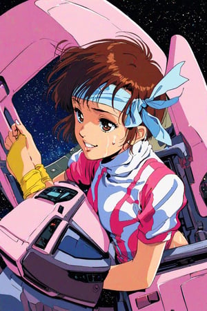 high resolution,highly detailed illustrations,best quality,detailed beautiful eyes,high resolution,highly detailed illustrations,best quality,detailed beautiful eyes,Noriko Takaya,1girl,headband,solo,short hair,smiling,retro artstyle,sweat,cockpit,brown hair,light blue headband,long headband,yellow wristband,(pink high leg leotard),(white turtleneck T-shirt,short sleeves,puffysleeves),space, milky way,earth, planet,from above,watercolor_(medium)