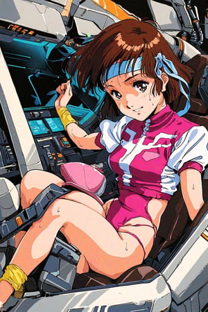 high resolution,highly detailed illustrations,best quality,detailed beautiful eyes,high resolution,highly detailed illustrations,best quality,detailed beautiful eyes,Noriko Takaya,1girl,headband,solo,short hair,smiling,retro artstyle,sweat,cockpit,brown hair,light blue headband,long headband,yellow wristband,(pink high leg leotard),(white turtleneck T-shirt,short sleeves,puffysleeves),robot,mecha,sitting in the cockpit,lots of wiring,(cord connected to body:1.1),(wires are connected to the body:1.1,narrow angle,watercolor_(medium)