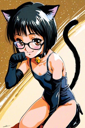 Noriko Takaya, Top quality, highly detailed illustrations, masterpiece, (cowboy shot:1.2), 1 girl, solo, retro art style, brown eyes, (black hair:1.5), (glasses:1.5), (deep side part), (short hair), looking at viewer, smiling, kneeling, (paw pose),(black school swimsuit), (flat chest, blush:1.3), (cat ears, cat tail, black collar, neck bell, black pawpads), black knee high socks, high heels, (black gloves, elbow gloves), traditional media, watercolor (medium), Dramatic shadows, dynamic angles, background, night sky, milky way