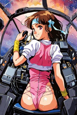 high resolution,highly detailed illustrations,best quality,detailed beautiful eyes,high resolution,highly detailed illustrations,best quality,detailed beautiful eyes,Noriko Takaya,1girl,headband,solo,short hair,smiling,retro artstyle,sweat,cockpit,brown hair,light blue headband,long headband,yellow wristband,(pink high leg leotard),(white turtleneck T-shirt,short sleeves,puffysleeves),robot,mecha,sitting in the cockpit,lots of wiring,(cord connected to body:1.1),(wires are connected to the body:1.1, BREAK space, milky way,watercolor_(medium),(from behind,looking back at viewer:1.5)